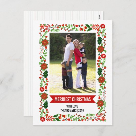 赤お洒落い緑のクリスマス写真 シーズンポストカード (正面/裏面)