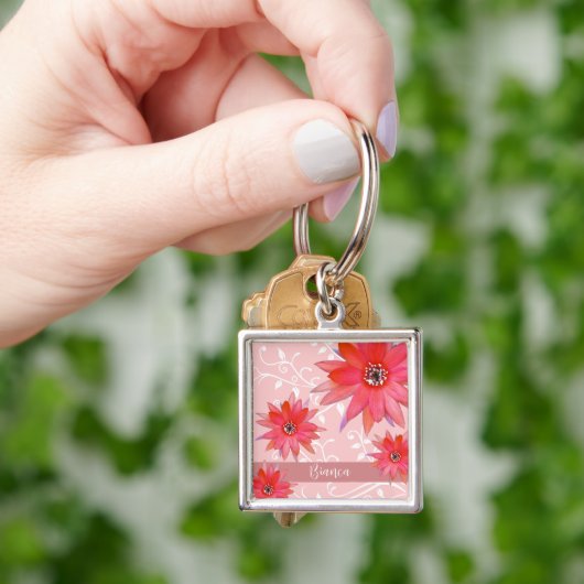 赤お洒落い花渦巻形の葉名Pinkを追加 キーホルダー (手)