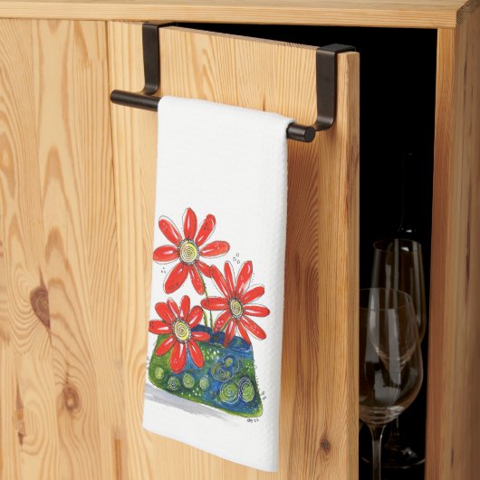赤お洒落い花 キッチンタオル (三つ折り)