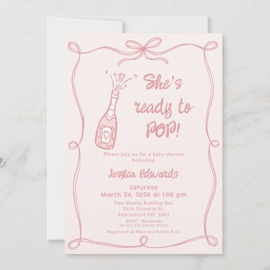 赤お洒落ちゃんシャワーの準備ができて描かれたピポップ・アートのンクの手 招待状 (正面)