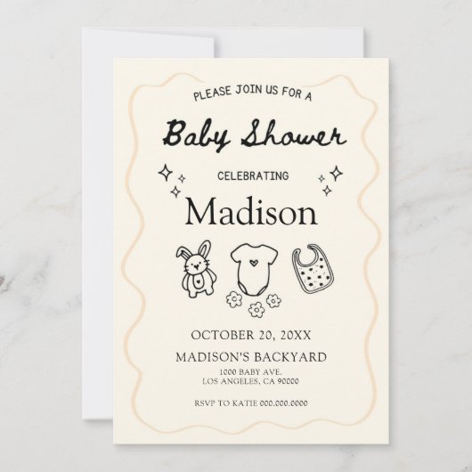 赤お洒落ちゃんシャワー招待状 – 手描きアイコン 招待状 (正面)