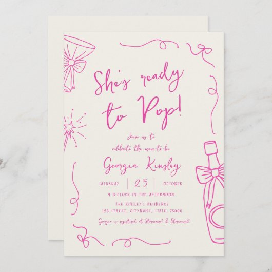 赤お洒落ちゃんシャワー準備の手ポップ・アートの引き弓 招待状 (正面/裏面)