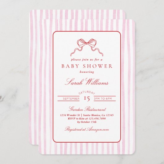 赤お洒落とピンクの赤ちゃんシャワー女の子 招待状 (正面/裏面)