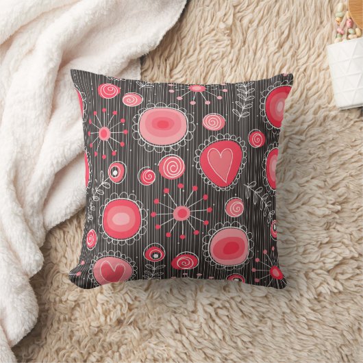 赤お洒落と灰色のハートと花のフローラ クッション (ブランケット)