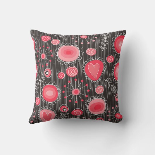 赤お洒落と灰色のハートと花のフローラ クッション (裏面)