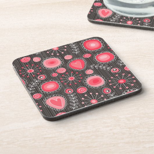 赤お洒落と灰色のハートと花のフローラ コースター (左側)