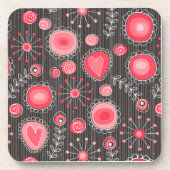 赤お洒落と灰色のハートと花のフローラ コースター (正面)