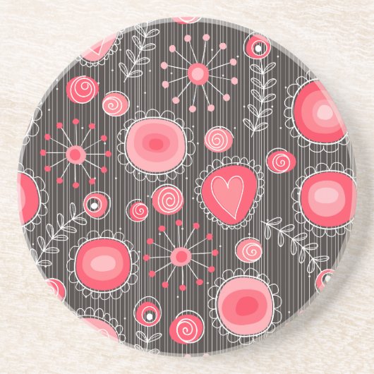 赤お洒落と灰色のハートと花のフローラ コースター (正面)