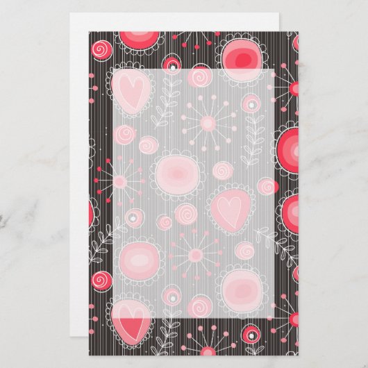 赤お洒落と灰色のハートと花のフローラ 便箋 (正面/裏面)