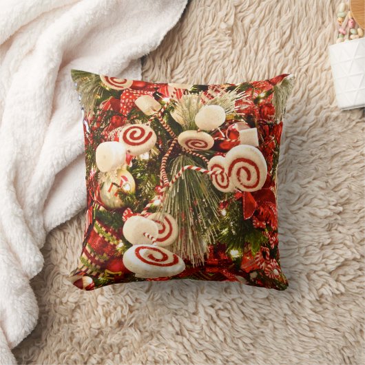 赤お洒落と白のキャンディをテーマにしたクリスマスツリー クッション (ブランケット)