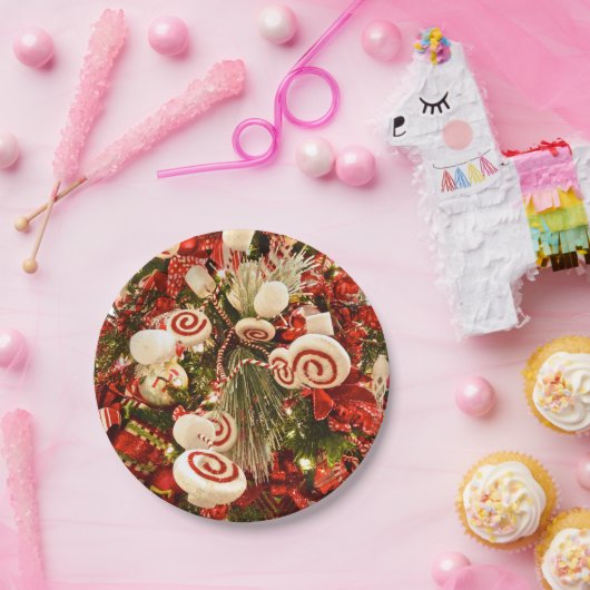 赤お洒落と白のキャンディをテーマにしたクリスマスツリー ペーパープレート (パーティー)