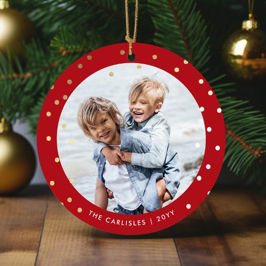 赤お洒落と金ゴールド紙吹雪2 Photo Christmas セラミックオーナメント