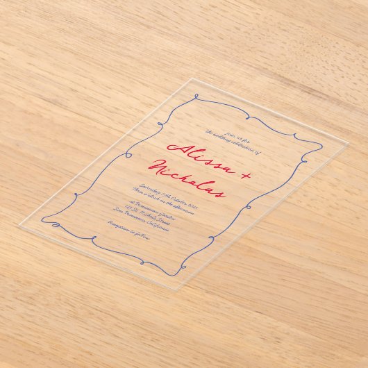 赤お洒落と青の手が引き縁ど結婚た アクリル招待状 (レイダウン)