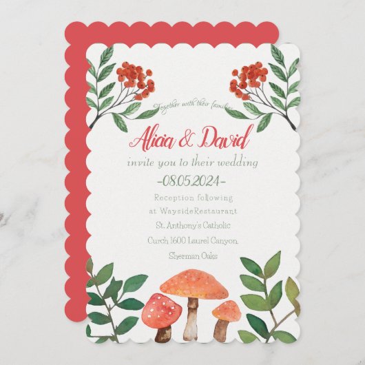 赤お洒落キノコ結婚の水色 招待状 (正面/裏面)