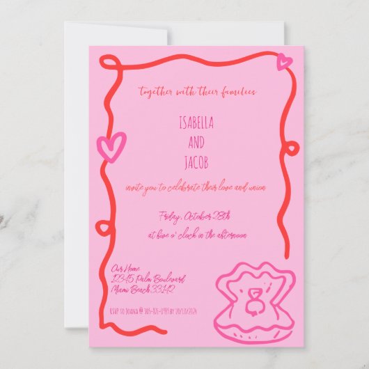 赤お洒落手引き予測できな波結婚線 招待状 (正面)