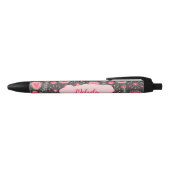 赤お洒落灰色ハートと花フローラ名 黒ボールペン (トップ)