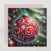 赤お洒落白オーナメント渦巻きクリスマスカード (正面/裏面)