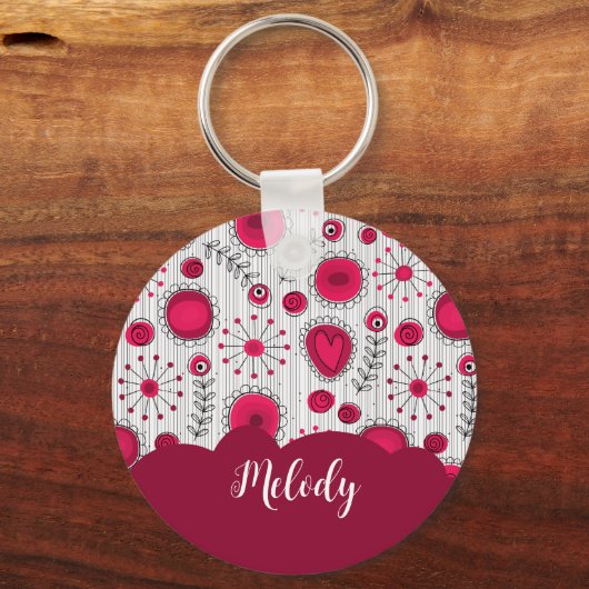 赤お洒落白ハート花フローラ名 キーホルダー (正面)