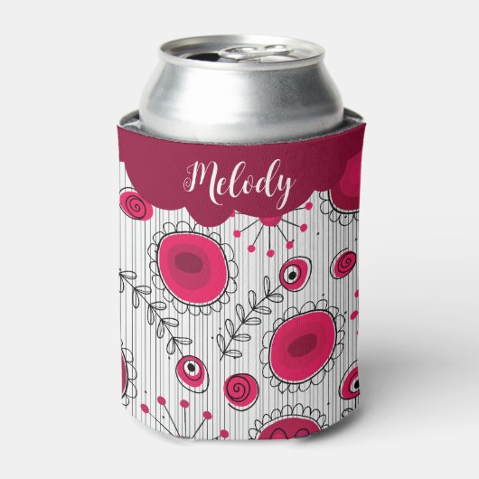赤お洒落白ハート花フローラ名 缶クーラー (缶正面)
