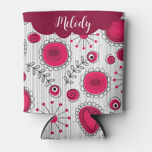 赤お洒落白ハート花フローラ名 缶クーラー (正面)