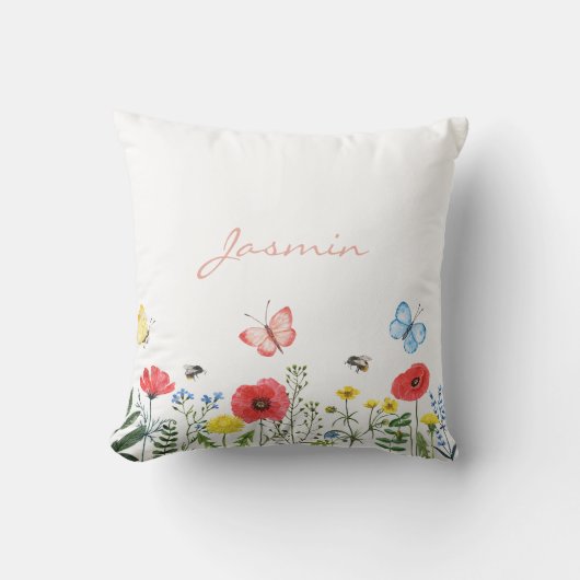 赤お洒落緑の野草蝶の名前 クッション (正面)