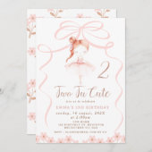 赤お洒落髪バレリーナ2つのTuかわいい誕生日 招待状 (正面/裏面)