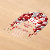 赤お祝いバルーン90th誕生日パーティー アクリル招待状 (レイダウン)