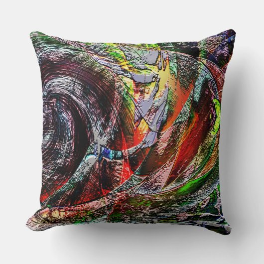 赤から黄色のグラデーション上のデジタル廃墟のテクスチャ クッション (正面)