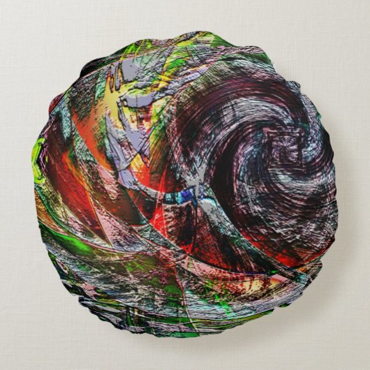 赤から黄色のグラデーション上のデジタル廃墟のテクスチャ ラウンドクッション (裏面)