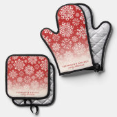 赤かわいいクリスマスに冬の雪グラデーションが積む 鍋つかみ&鍋敷きセット (正面/裏面)