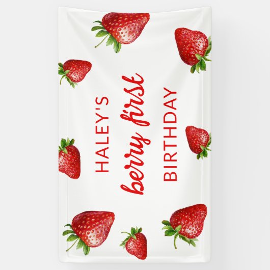 赤かわいいストロベリーファースト1ベビー誕生日 横断幕 (縦)
