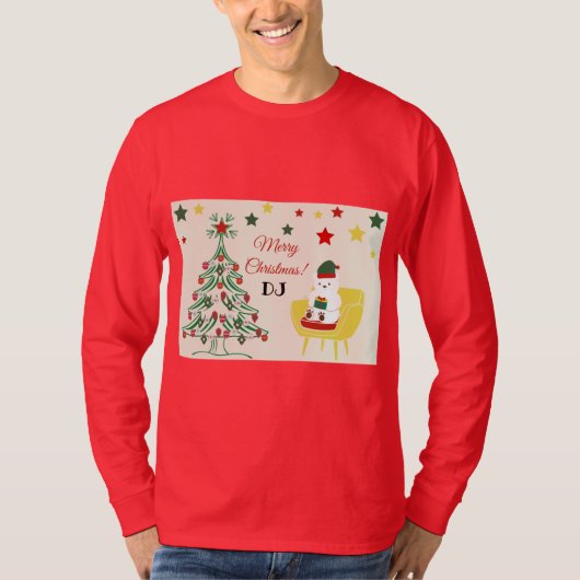 赤かわいいモダンクマのモノグラムメリークリスマスメンズ Tシャツ (正面)