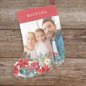 赤かわいい家族の素朴な写真モノグラムの スモールクリスマスストッキング