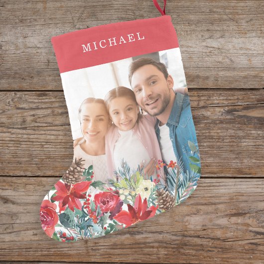 赤かわいい家族の素朴な写真モノグラムの スモールクリスマスストッキング