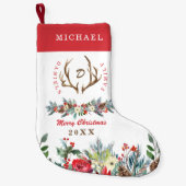 赤かわいい家族の素朴な写真モノグラムの スモールクリスマスストッキング (正面)