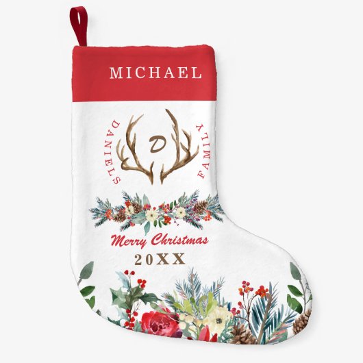 赤かわいい家族の素朴な写真モノグラムの スモールクリスマスストッキング (正面)