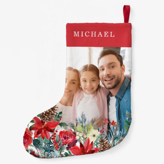 赤かわいい家族の素朴な写真モノグラムの スモールクリスマスストッキング (裏面)