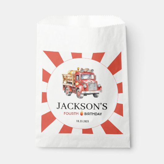 赤かわいい消防車の少年の誕生日パーティーの好意バッグ フェイバーバッグ (正面)