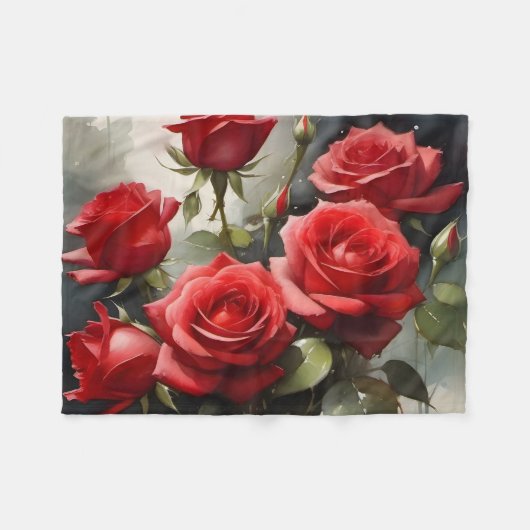 赤かわいらしいバラの水絵を描色 フリースブランケット (正面(横))