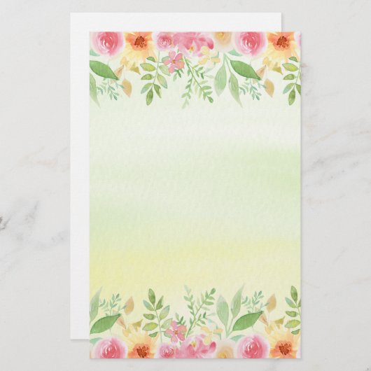 赤かわいらしいピンクと黄色の水彩の花 便箋 (正面/裏面)