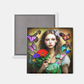 赤かわいらしい花と蝶を持つ女の子 マグネット (正面/裏面)