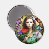 赤かわいらしい花と蝶を持つ女の子 マグネット (正面/裏面)