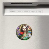 赤かわいらしい花と蝶を持つ女の子 マグネット (インサイチュ (食洗機))