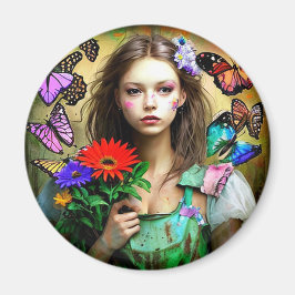 赤かわいらしい花と蝶を持つ女の子 マグネット