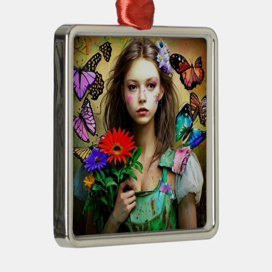 赤かわいらしい花と蝶を持つ女の子 メタルオーナメント (右)