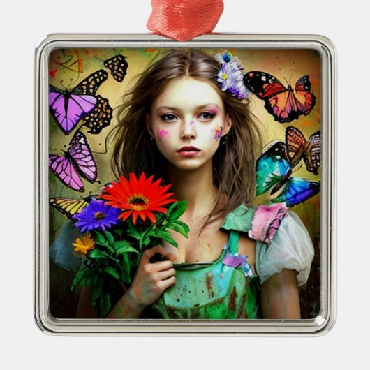 赤かわいらしい花と蝶を持つ女の子 メタルオーナメント (正面)