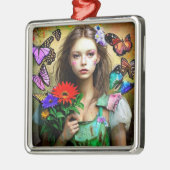赤かわいらしい花と蝶を持つ女の子 メタルオーナメント (左)