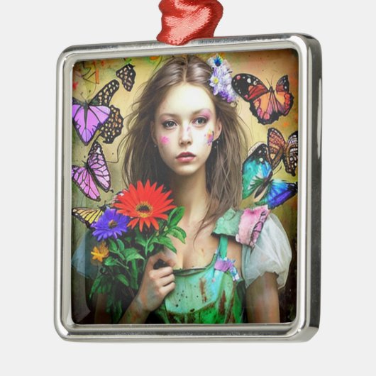 赤かわいらしい花と蝶を持つ女の子 メタルオーナメント (左)