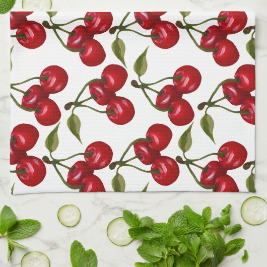 赤かわいらしさくらんぼ水彩 キッチンタオル (折り畳み)