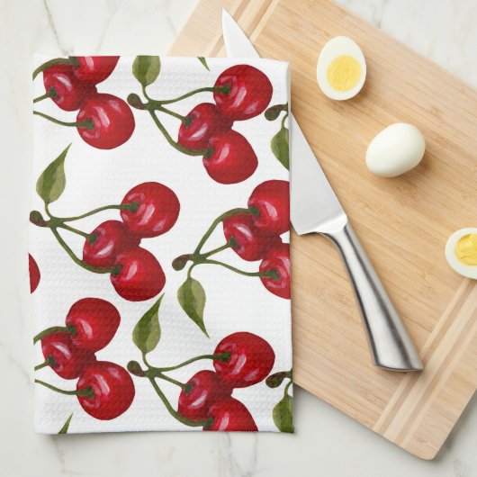 赤かわいらしさくらんぼ水彩 キッチンタオル (四つ折り)